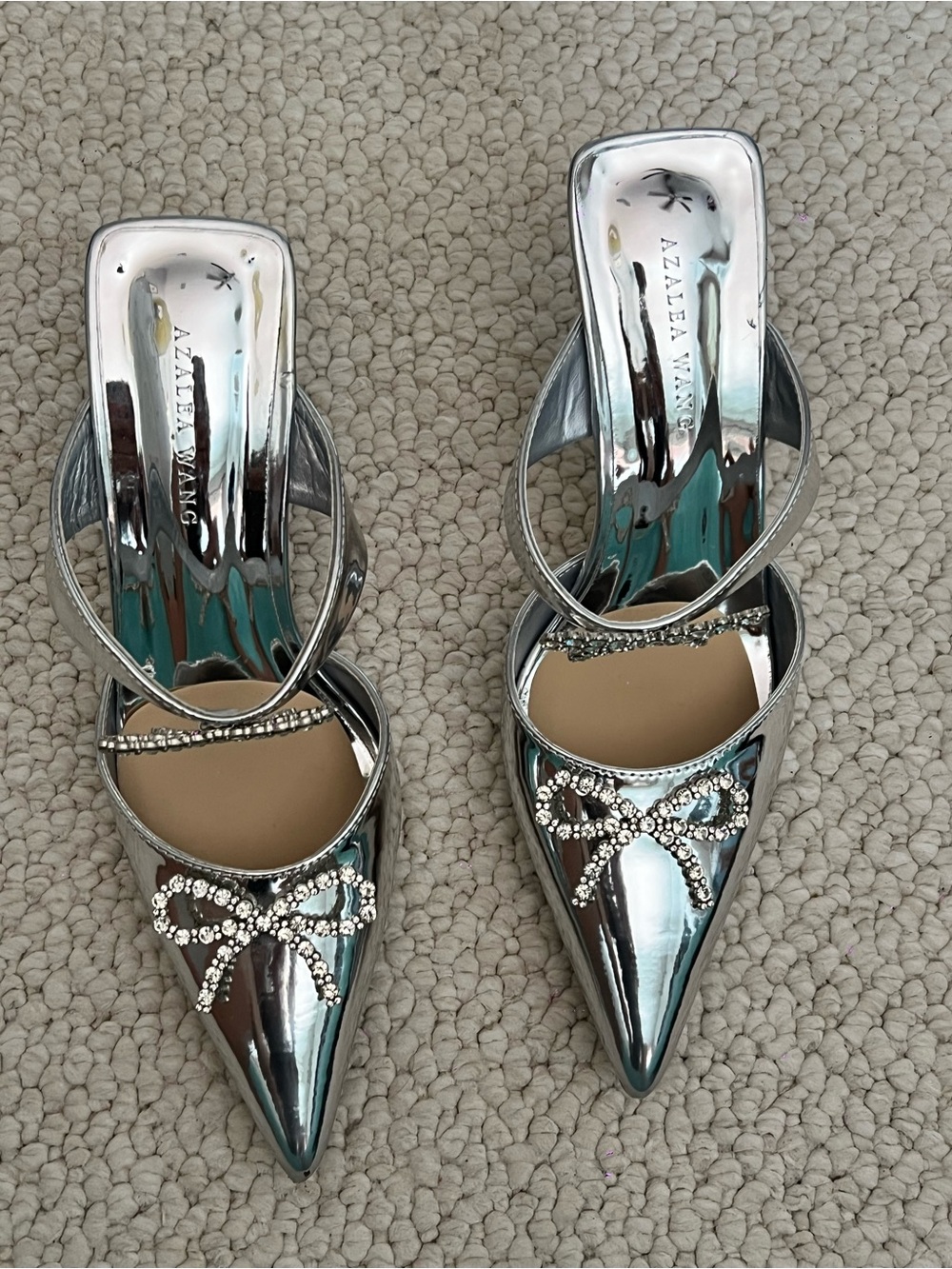 Charlette Silver Pointed Toe Crystal Bow Mules